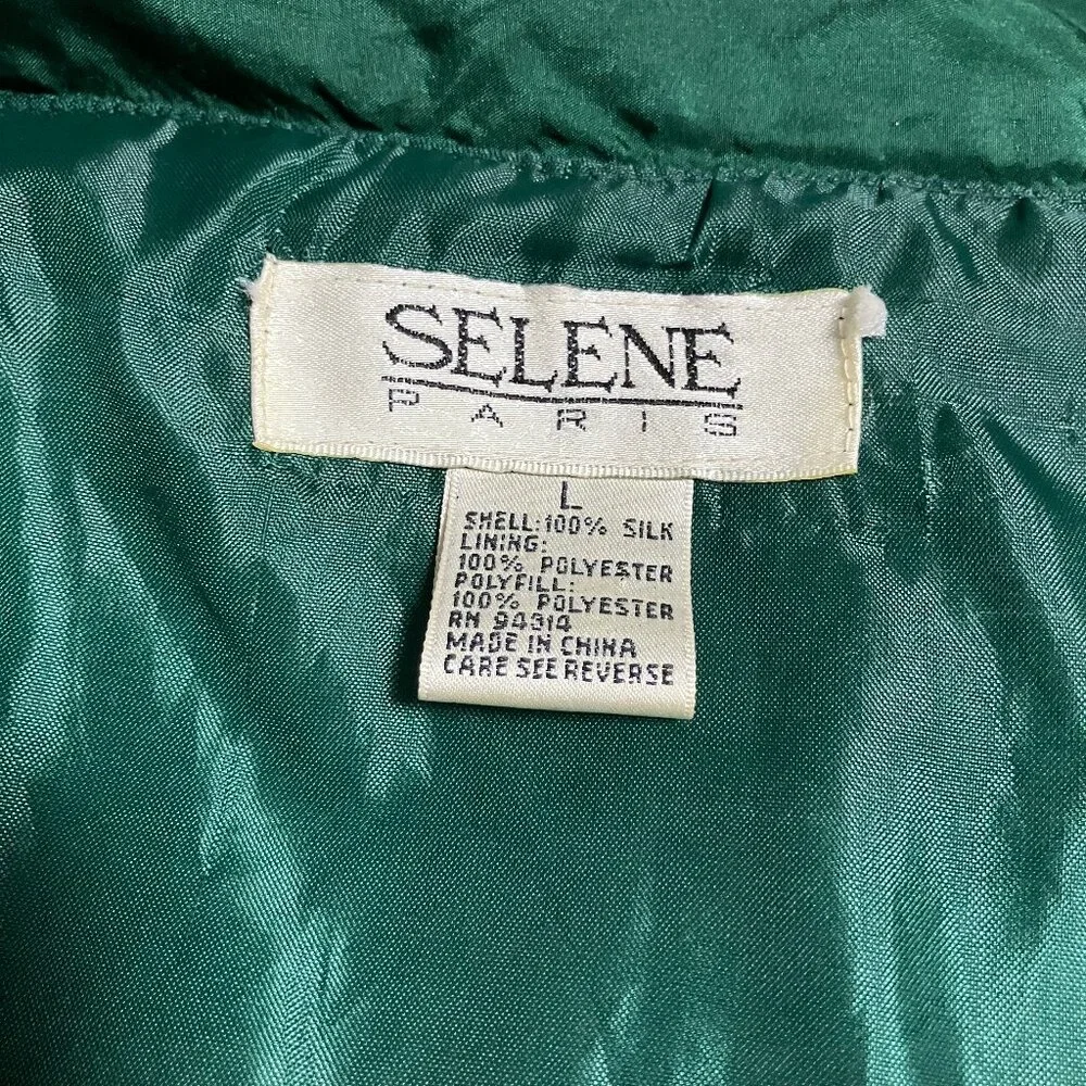 Vintage Selene Paris Green Studded Silk Bomber Jacket, Size Large, Shoulder Pads - Picture 7 of 9